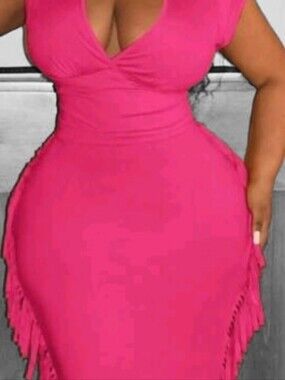 Fitted V-Neck Pink Fringe Midi Dress